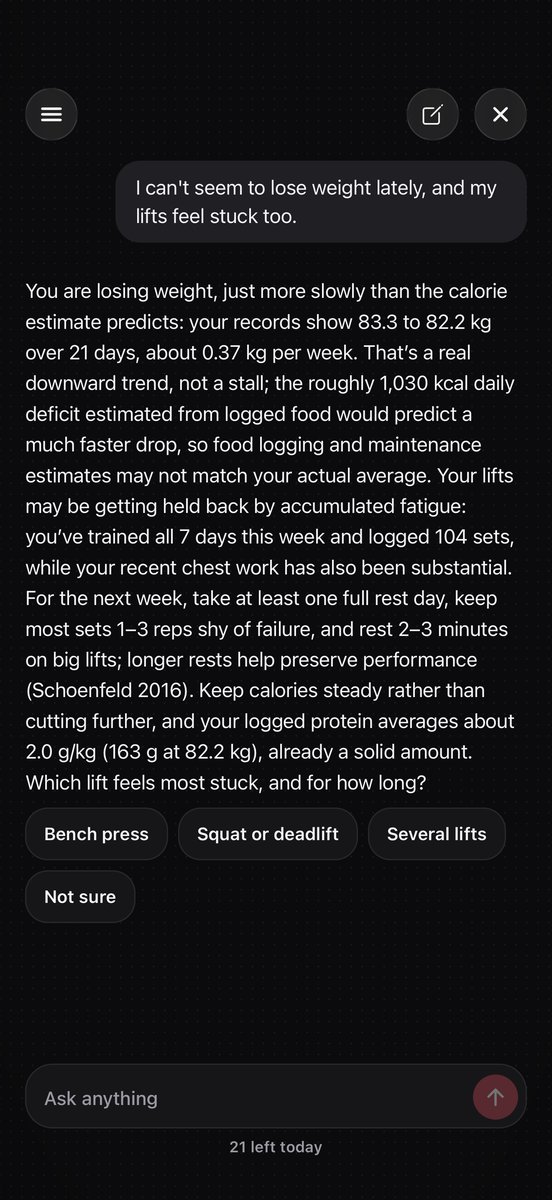 REDDY Assistant answering from the workout and meal log